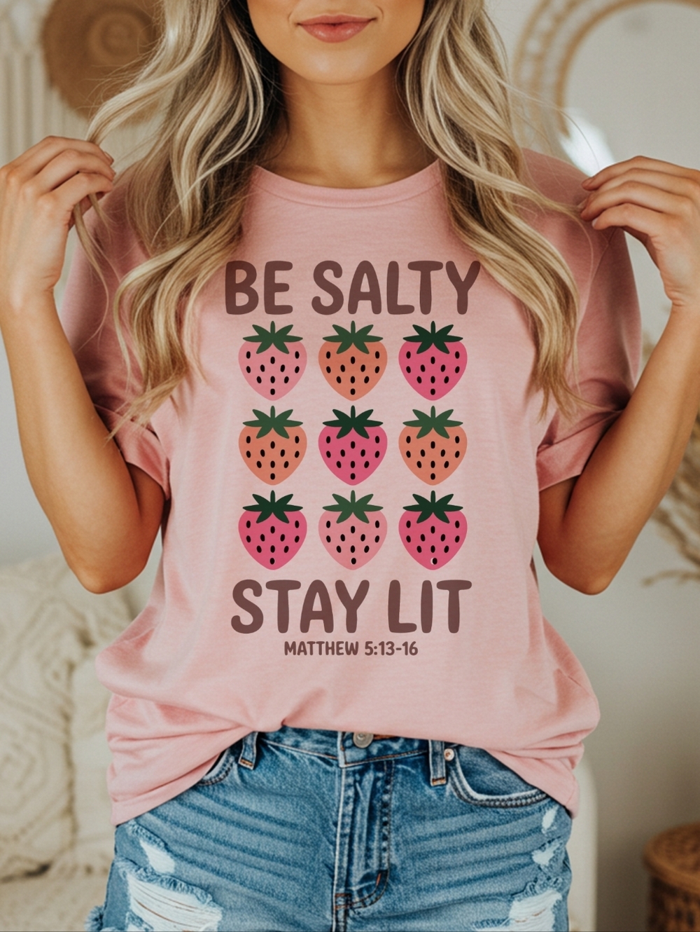 Be Salty Stay Lit Strawberry Graphic T-Shirt | Matthew 5:13-16 Scripture Tee